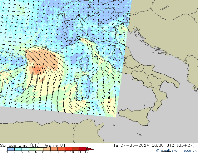 Surface wind (bft) Arome 01 Út 07.05.2024 06 UTC