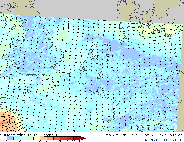 Surface wind (bft) Arome 01 Mo 06.05.2024 05 UTC