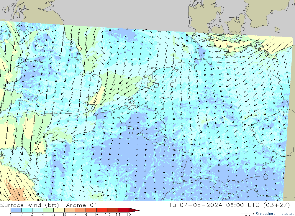 Surface wind (bft) Arome 01 Tu 07.05.2024 06 UTC