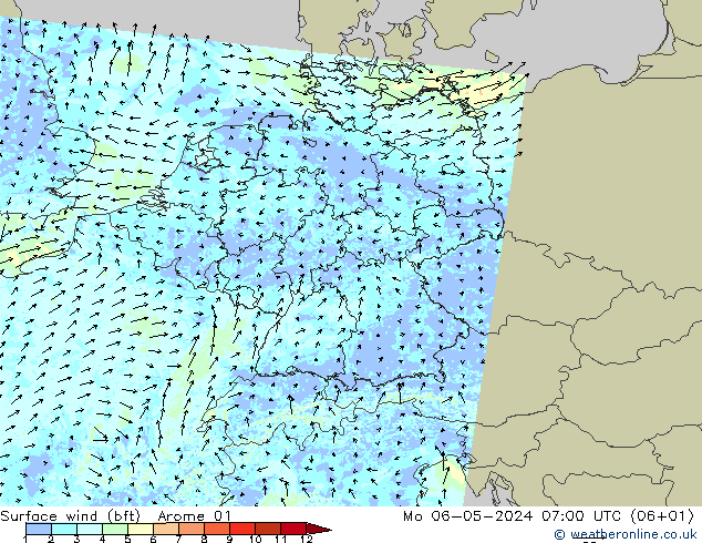 Wind 10 m (bft) Arome 01 ma 06.05.2024 07 UTC