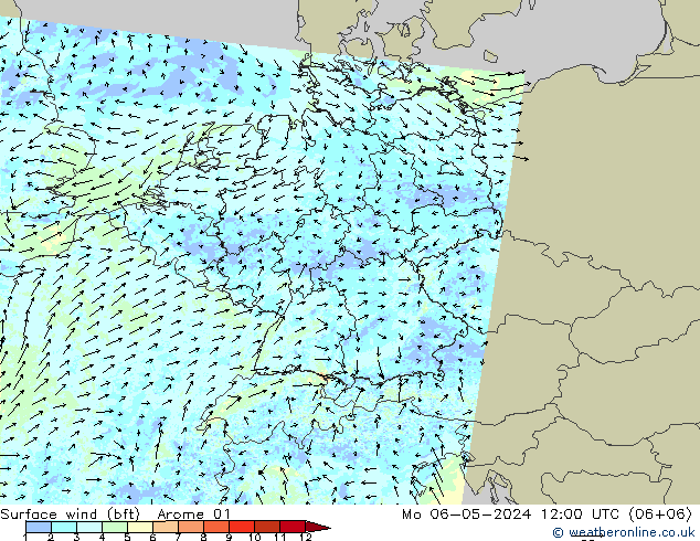 Viento 10 m (bft) Arome 01 lun 06.05.2024 12 UTC