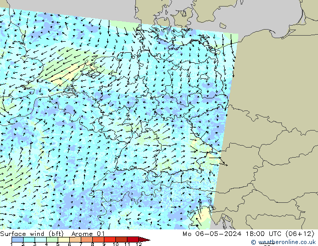 Vent 10 m (bft) Arome 01 lun 06.05.2024 18 UTC