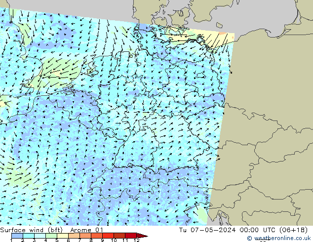 Surface wind (bft) Arome 01 Tu 07.05.2024 00 UTC