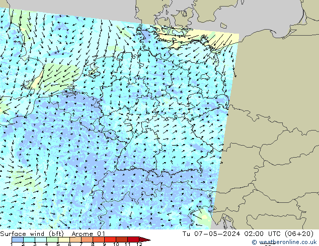 Bodenwind (bft) Arome 01 Di 07.05.2024 02 UTC