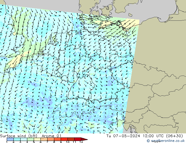 Surface wind (bft) Arome 01 Út 07.05.2024 12 UTC