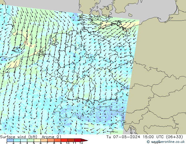 Surface wind (bft) Arome 01 Út 07.05.2024 15 UTC