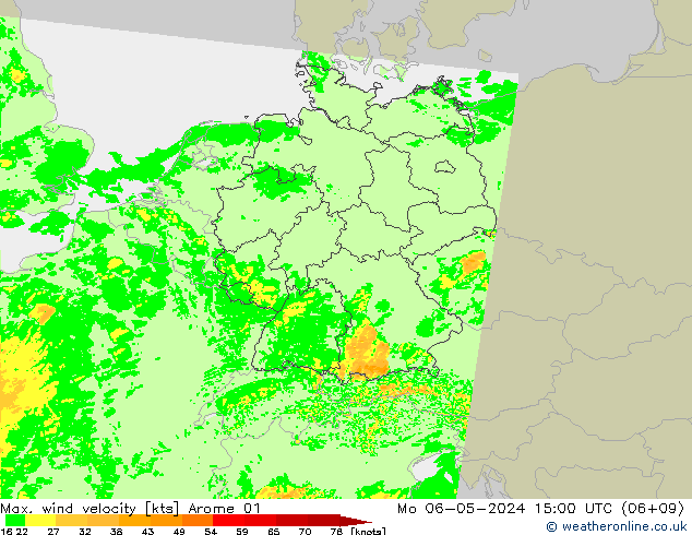 Max. wind velocity Arome 01  06.05.2024 15 UTC