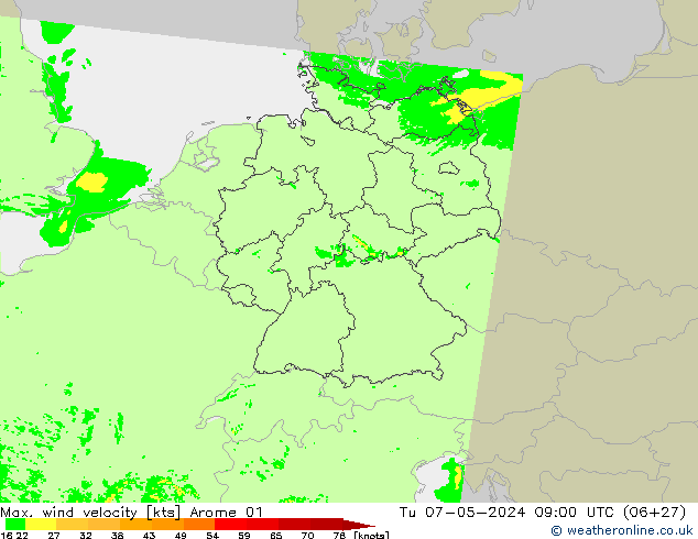 Max. wind velocity Arome 01 Tu 07.05.2024 09 UTC