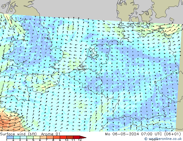 Viento 10 m (bft) Arome 01 lun 06.05.2024 07 UTC