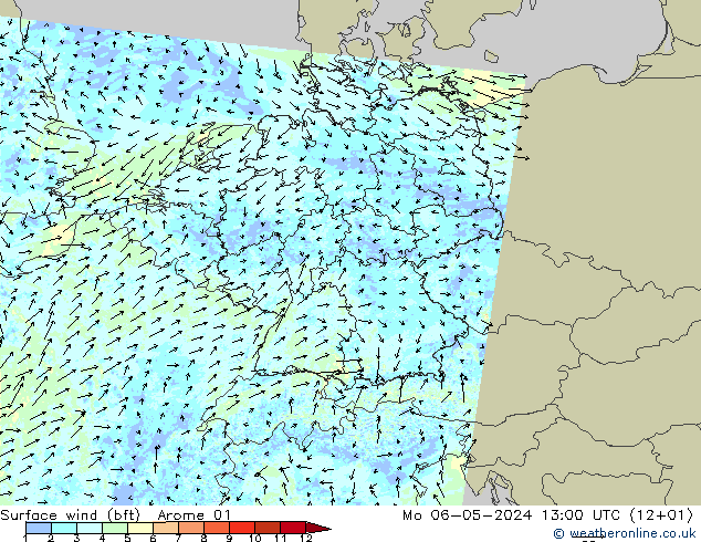 wiatr 10 m (bft) Arome 01 pon. 06.05.2024 13 UTC