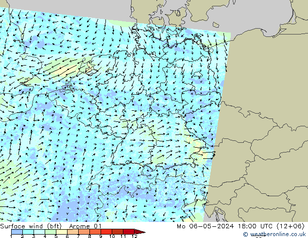 �N 10 米 (bft) Arome 01 星期一 06.05.2024 18 UTC