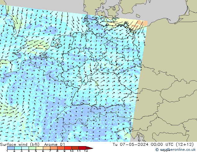 Surface wind (bft) Arome 01 Tu 07.05.2024 00 UTC