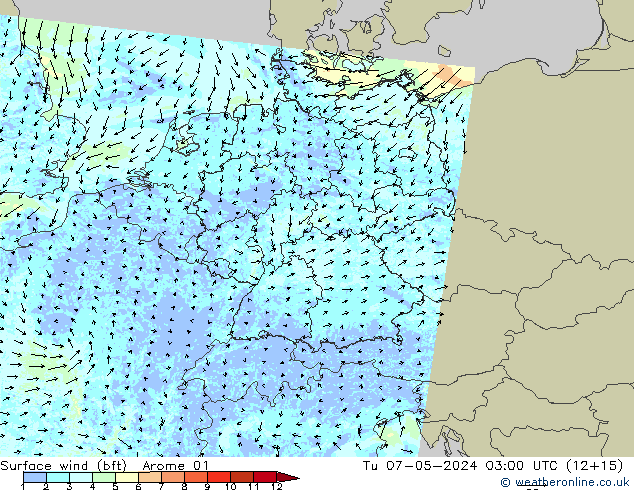 Vent 10 m (bft) Arome 01 mar 07.05.2024 03 UTC