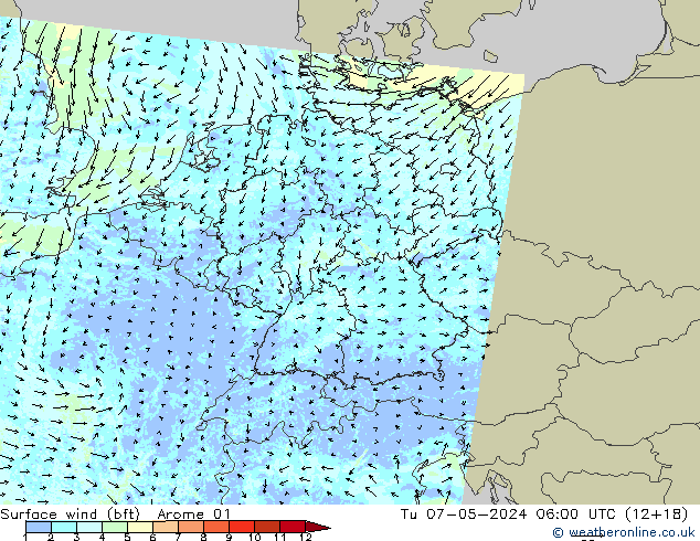 wiatr 10 m (bft) Arome 01 wto. 07.05.2024 06 UTC