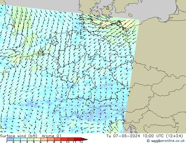 Wind 10 m (bft) Arome 01 di 07.05.2024 12 UTC