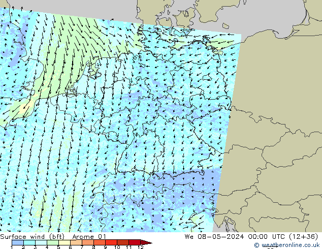 Vento 10 m (bft) Arome 01 mer 08.05.2024 00 UTC
