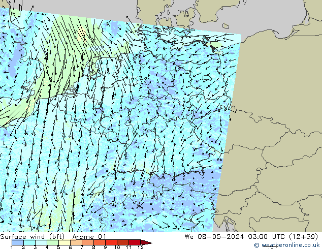 Surface wind (bft) Arome 01 We 08.05.2024 03 UTC