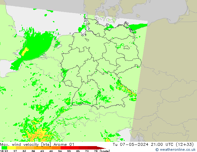 Max. wind velocity Arome 01 Tu 07.05.2024 21 UTC