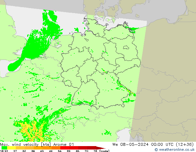 Max. wind velocity Arome 01  08.05.2024 00 UTC