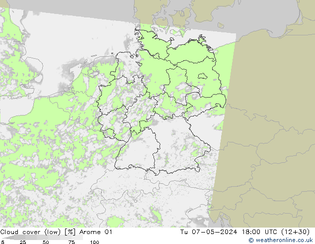 Cloud cover (low) Arome 01 Tu 07.05.2024 18 UTC