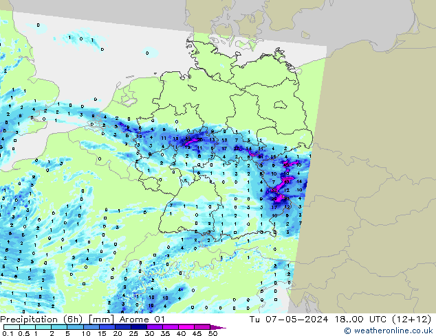 Precipitation (6h) Arome 01 Tu 07.05.2024 00 UTC