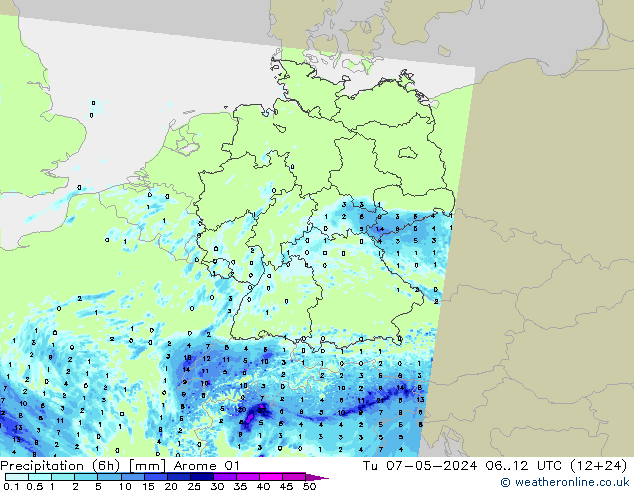 Precipitation (6h) Arome 01 Tu 07.05.2024 12 UTC
