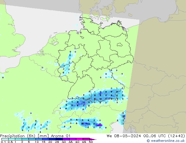 Totale neerslag (6h) Arome 01 wo 08.05.2024 06 UTC