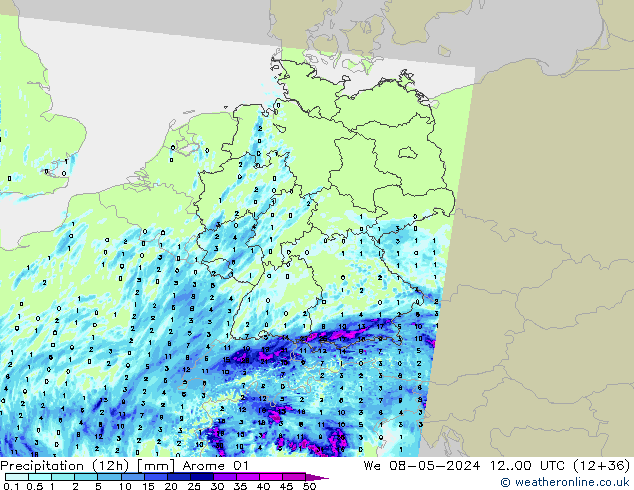Precipitation (12h) Arome 01 We 08.05.2024 00 UTC