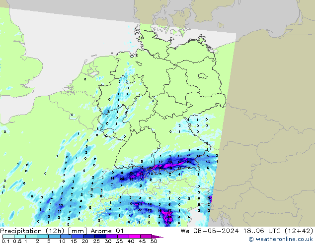 Totale neerslag (12h) Arome 01 wo 08.05.2024 06 UTC