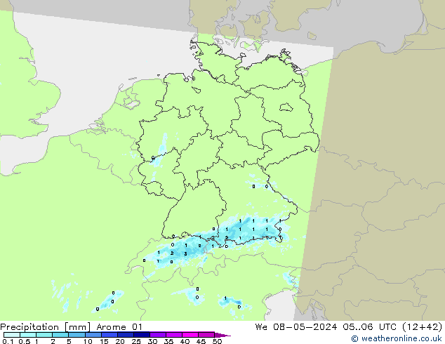 Niederschlag Arome 01 Mi 08.05.2024 06 UTC