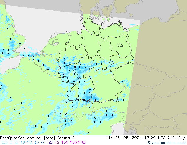 Precipitation accum. Arome 01 Seg 06.05.2024 13 UTC