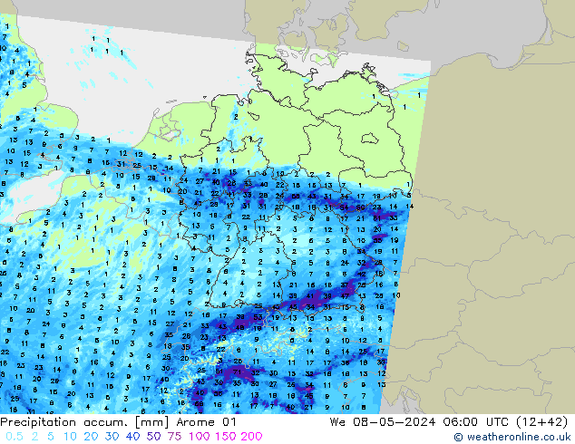 Totale neerslag Arome 01 wo 08.05.2024 06 UTC