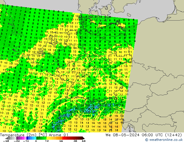 température (2m) Arome 01 mer 08.05.2024 06 UTC