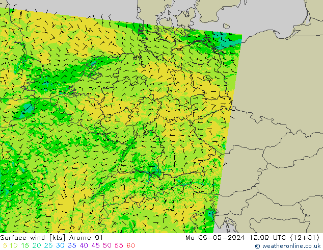 Viento 10 m Arome 01 lun 06.05.2024 13 UTC