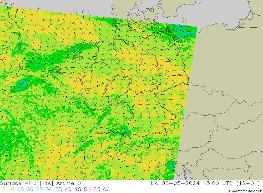 Viento 10 m Arome 01 lun 06.05.2024 13 UTC