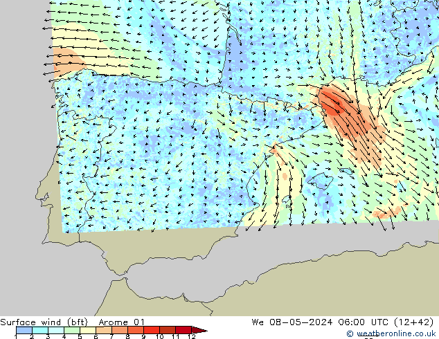 Surface wind (bft) Arome 01 St 08.05.2024 06 UTC