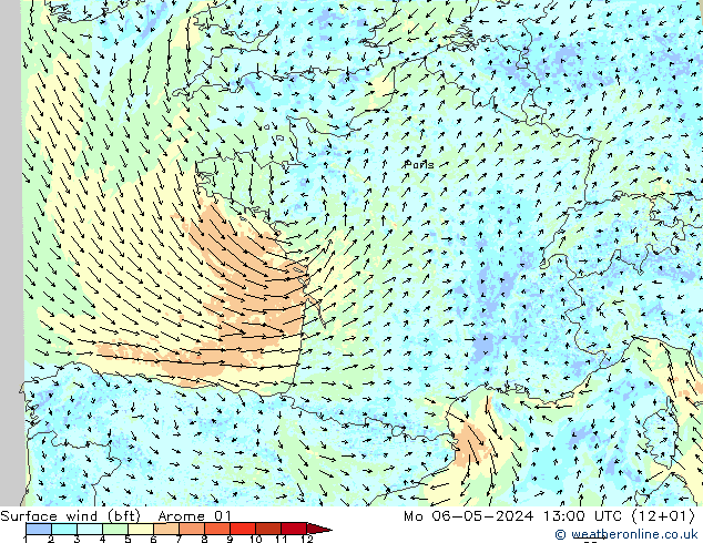 Surface wind (bft) Arome 01 Mo 06.05.2024 13 UTC