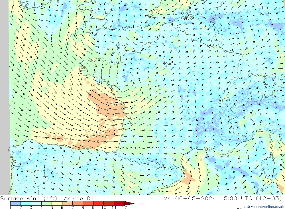 Wind 10 m (bft) Arome 01 ma 06.05.2024 15 UTC