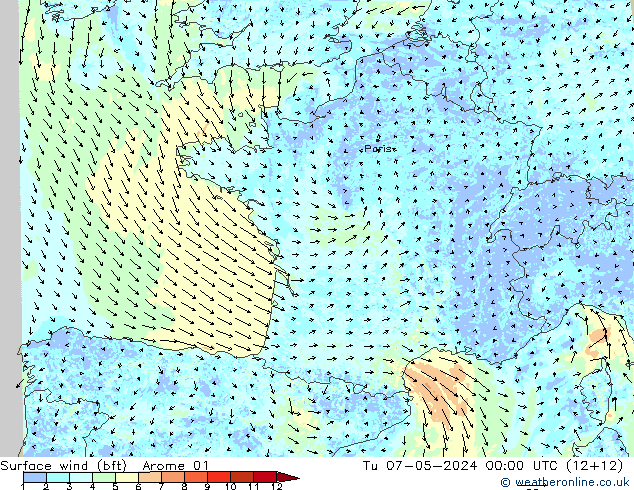 Surface wind (bft) Arome 01 Tu 07.05.2024 00 UTC