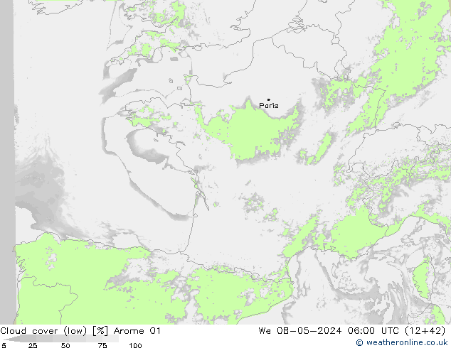 Cloud cover (low) Arome 01 We 08.05.2024 06 UTC