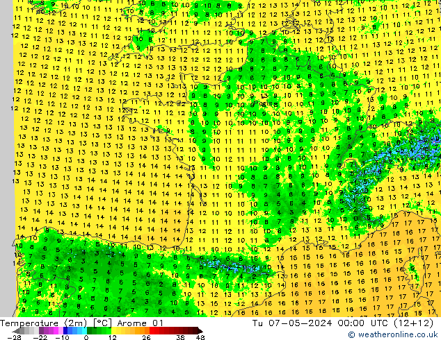 Sıcaklık Haritası (2m) Arome 01 Sa 07.05.2024 00 UTC