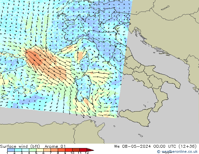 Vento 10 m (bft) Arome 01 Qua 08.05.2024 00 UTC