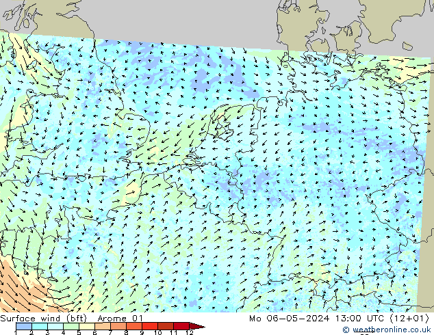 Surface wind (bft) Arome 01 Mo 06.05.2024 13 UTC