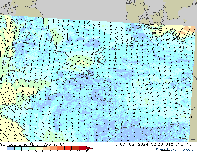 Surface wind (bft) Arome 01 Tu 07.05.2024 00 UTC