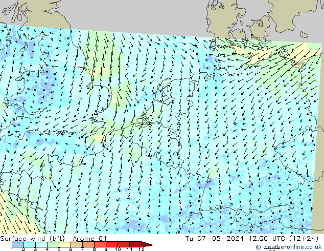 Surface wind (bft) Arome 01 Út 07.05.2024 12 UTC