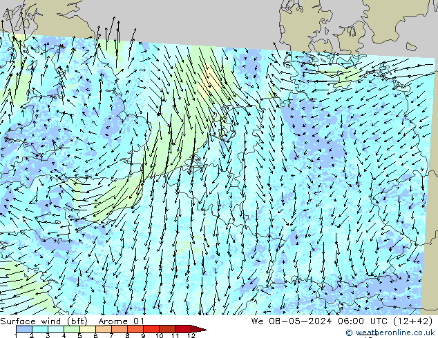 Surface wind (bft) Arome 01 We 08.05.2024 06 UTC