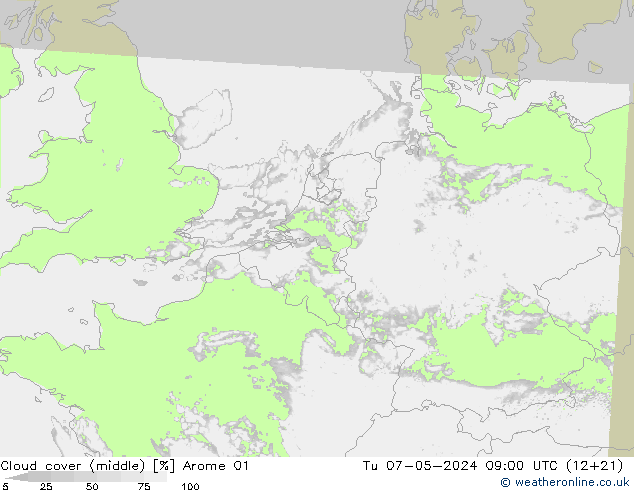 Cloud cover (middle) Arome 01 Tu 07.05.2024 09 UTC