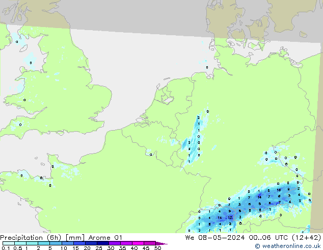 Precipitation (6h) Arome 01 We 08.05.2024 06 UTC