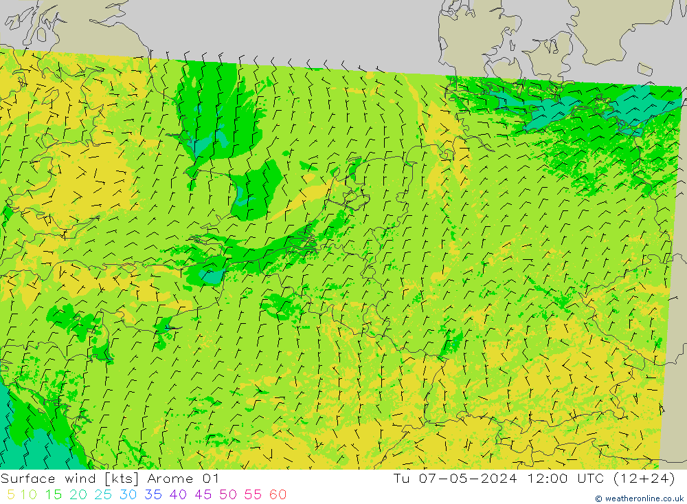 Surface wind Arome 01 Tu 07.05.2024 12 UTC