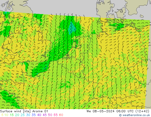 wiatr 10 m Arome 01 śro. 08.05.2024 06 UTC